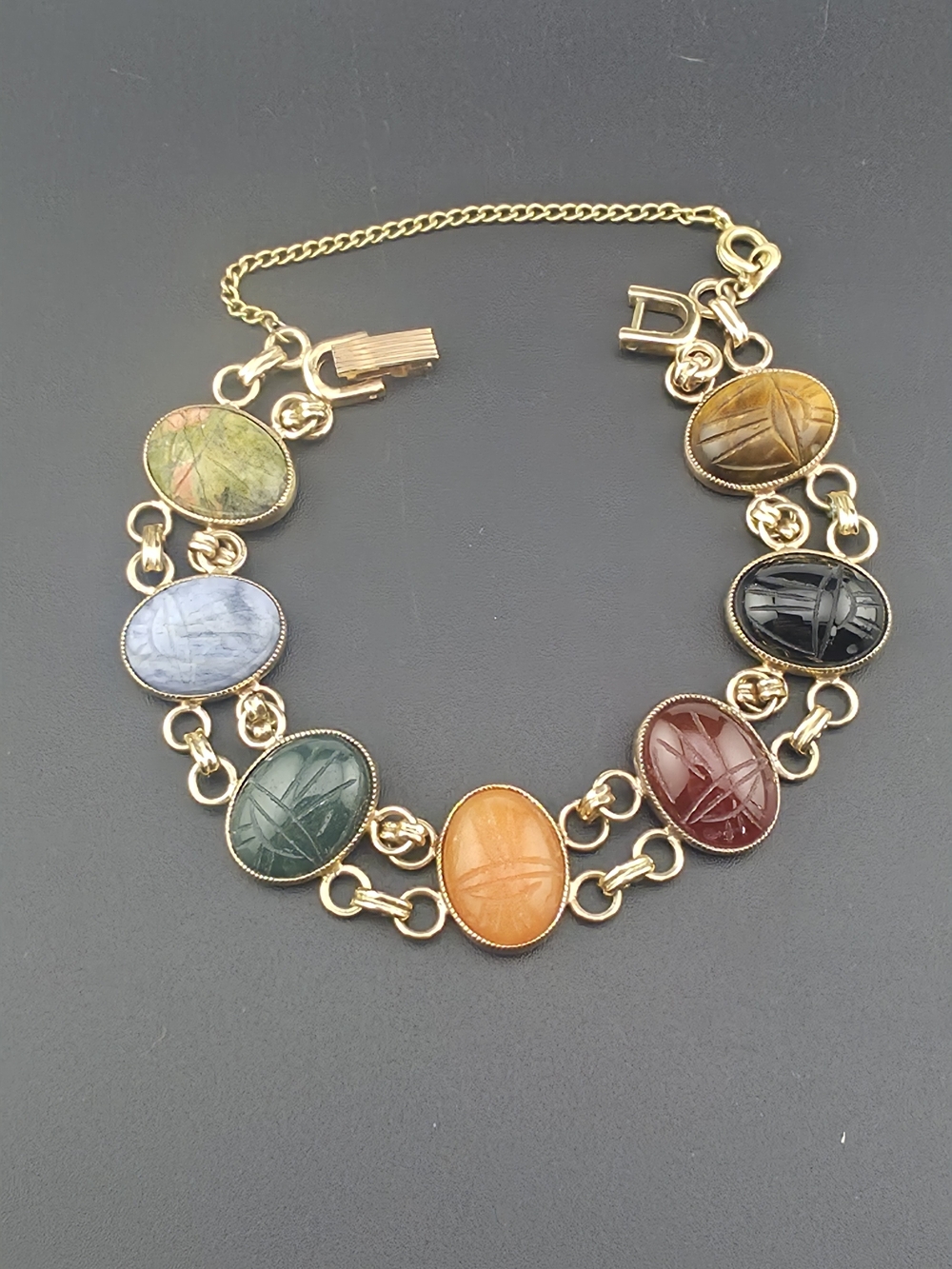 Vintage Style Egyptian Revival Scarab Gemstone Bracelet 8" Gold Plated